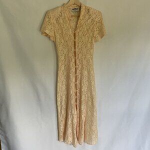 CW Rose petites vintage lace sheer dress lace up back button down shoulderpads